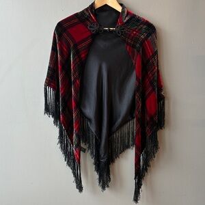 Ralph Lauren Vibrant Red Tartan Plaid Silk Blend Cape Poncho with Black Fringe